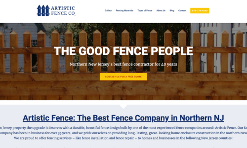 Screenshot of the Artistic Fence website home page, created and maintained by Filomena Martini Marketing